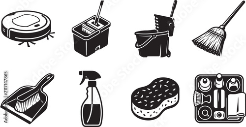 Foto Smart home robotic vacuum cleaner household sanitation tools and commercial janitorial service equipment silhouette glyph icons vector illustration set