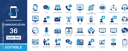 Communication 36 editable solid icon set. Chat, messaging and telecommunication vector icons for UI, UX, web and app design.