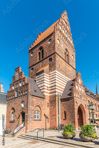 View at the Town hall in the streets of Roskilde in Denmark