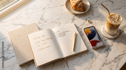 Chic planner and mobile device alongside refreshing iced latte on elegant marble table ideal for enhancing morning productivity