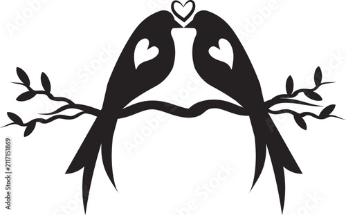 Romantic Love Birds on Branch Vector Illustration