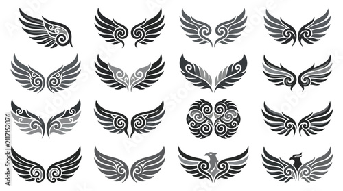 Cuadro en lienzo Tribal wing and bird silhouette icon set.