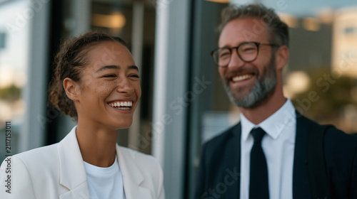 Tax preparation accountant laughing with a colleague over a genuine error discovered under heavy overcast dramatic skies outside a glass office building, aftermath of a long