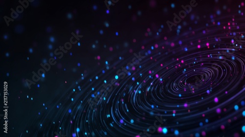 Abstract futuristic holographic circular maze interface with glowing neon purple and blue light on dark background, modern technology, cybersecurity, digital innovation and business presentation conce