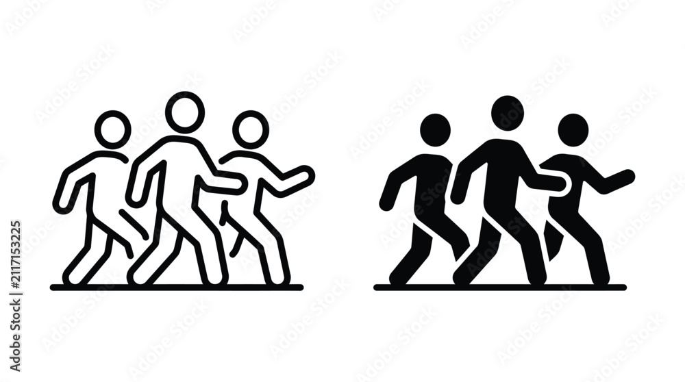 Obraz premium People walking in a row icon set with outline and solid variations representing movement and group movement together lifestyle direction navigation interface isolated