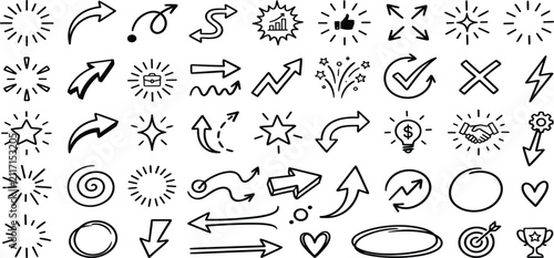 Crayon drawn attention symbols and doodle emphasis marks collection. Hand drawn sparkle bursts, comic rays, sketch highlight signs, manga starburst shapes and vector illustration