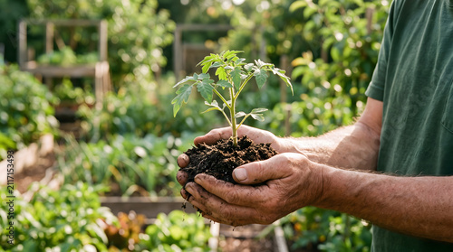 Hands holding green plant for gardening. New life and hope concept image.
