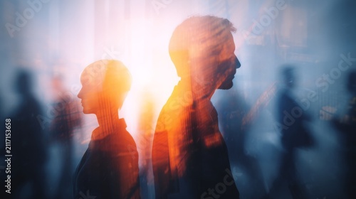 Business people silhouette at work with double exposure light effects, modern corporate background concept for teamwork, leadership, innovation, communication, professional collaboration, digital busi