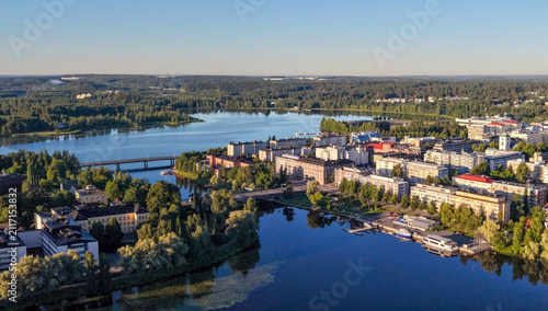 Hämeenlinna Finland city center from air early morning with clear summer day with lake reflections. 