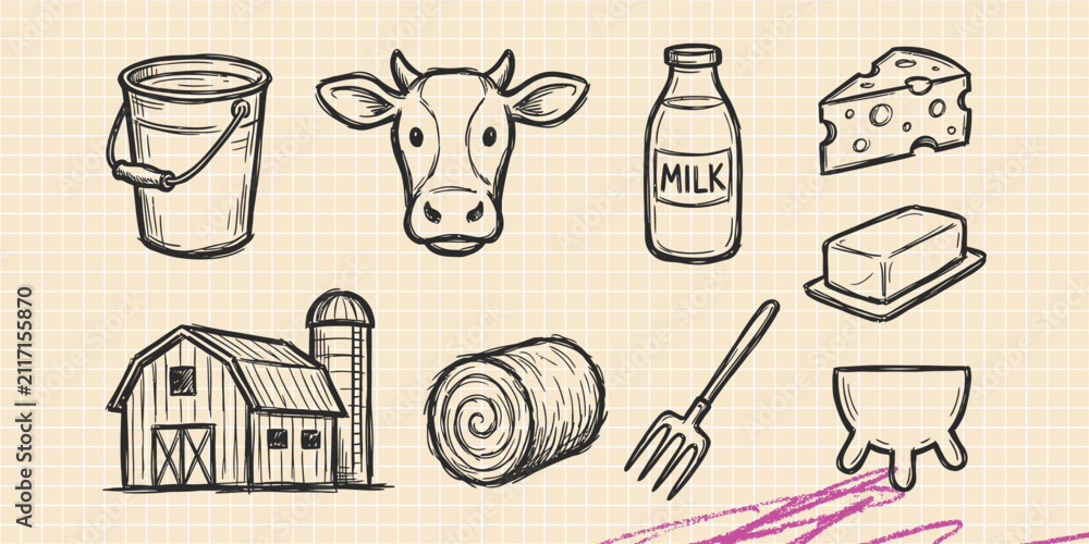 Obraz premium Hand drawn vintage black ink scribble doodle vector set of farm barn tractor and agriculture harvest icons for creative graphic design