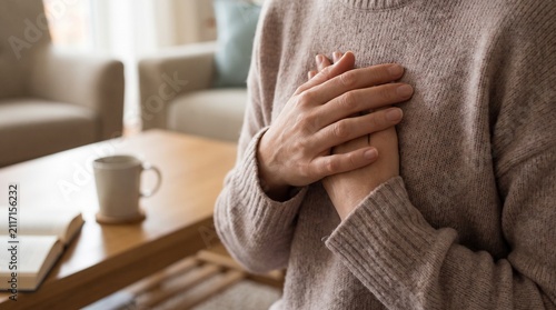 Woman clutching her chest with hands to show deep heartfelt gratitude or relief while relaxing at home during a peaceful morning routine