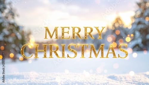 Elegant gold typography saying Merry Christmas on festive winter background with snow and bokeh