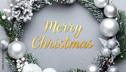 Golden Merry Christmas Typography Framed by Festive Winter Wreath with Silver Ornaments and Frosted Pine Needles on a Grey Background