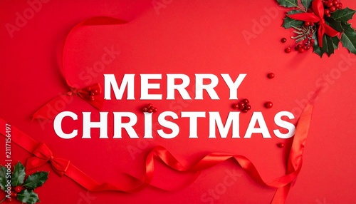 Merry Christmas typography with red ribbon and bows on scarlet background featuring festive holly berry accents for seasonal holiday celebrations