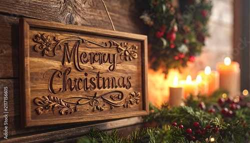 Rustic Carved Wooden Merry Christmas Sign Hanging with Festive Candles and Winter Pine Greenery