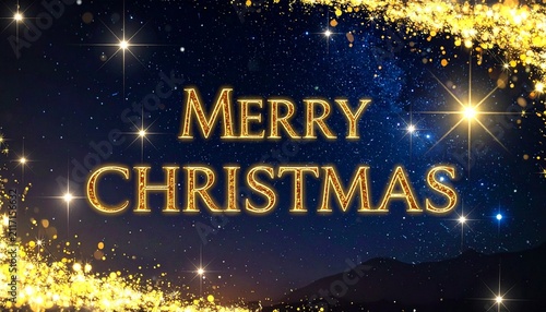 Luxury Golden Merry Christmas Text with Glowing Stars and Magic Glitter Sparkles Over Midnight Blue Background