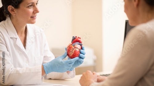 Female doctor explaining heart anatomy using a model to a patient in a medical clinic for cardiology consultation and healthcare education