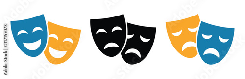 фотографія Theater Masks Symbolizing Emotion: A collection of classic theater masks, featuring smiling and frowning faces in vibrant colors and somber tones