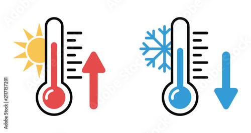 Temperature Contrast: Two thermometers illustrate contrasting temperatures: one showing a rising heat with a sun icon and upward arrow.
