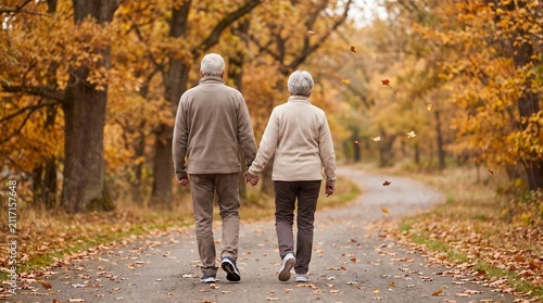 Rear view of senior elderly couple holding hands while walking on road in autumn park during golden season of retirement and lifestyle