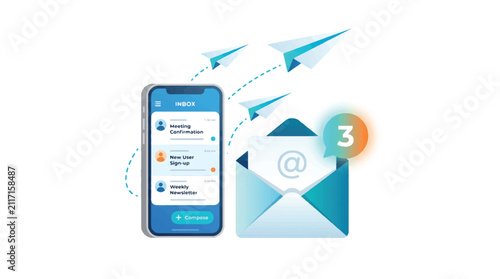 Modern email communication icon set featuring paper airplane, inbox envelope, and smartphone app interface isolated on white background.