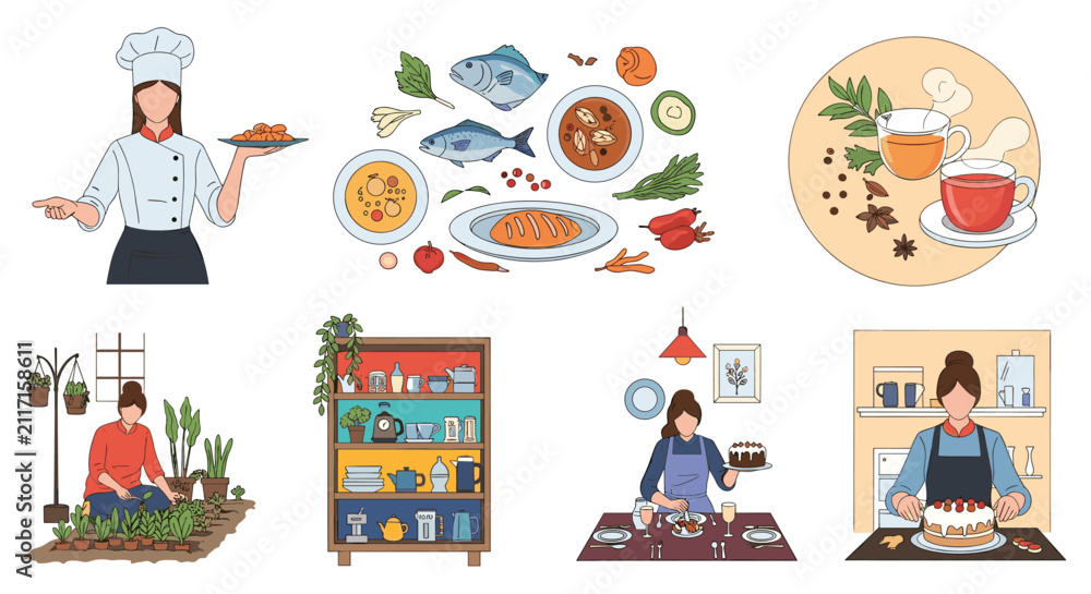 Naklejka premium Diverse collection of culinary icons includes a chef, plated meals, herbal tea, garden herbs, and kitchen organization illustrations.
