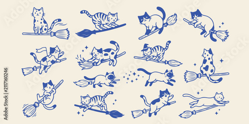 Quadro su tela Set of cute hand drawn cats flying on broomsticks in fantasy style with flying b