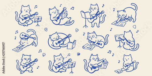 Картината върху платно Cute cats playing acoustic guitar and music sheet illustration set with musician