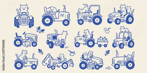 Konstfotografi Cute cats operating farm tractors and agricultural machinery with animal theme a