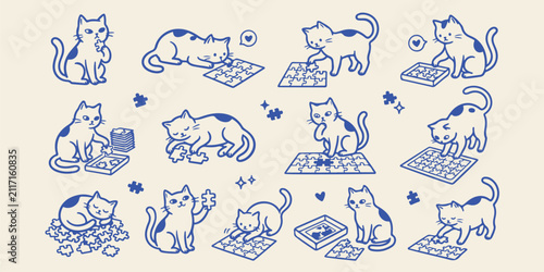 фотографія Doodle set of cats playing with jigsaw puzzles and games illustration activity c