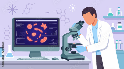 Foto Scientist in laboratory analyzing microbial data with microscope and computer
