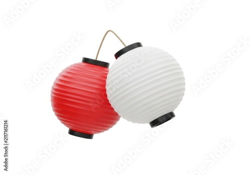 Red and white japanese paper lanterns hanging on a white background