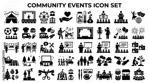 Community events icon set. Collection of social gathering and public festival symbols.