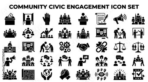 Community civic engagement icon set. Social activism and public participation vector symbols.