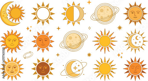 Mystical Celestial Sun and Moon Vector Set with Vintage Esoteric Face Symbols, Planet Saturn Rings, Twinkling Stars, and Boho Astrology Ornaments for Tarot Graphic Designs