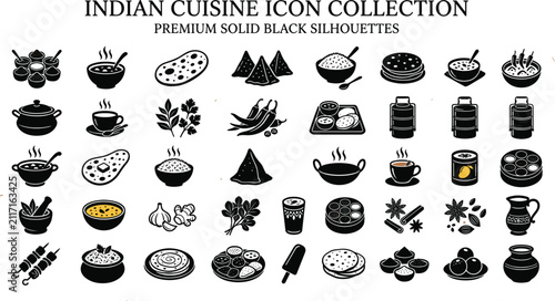 Indian cuisine icon collection featuring solid black silhouettes of traditional food items curry naan samosa tandoori chicken spices and thali