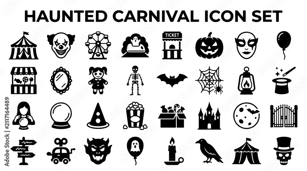 Fototapeta premium Haunted carnival icon set. Halloween circus symbols and spooky fairground vector graphics.