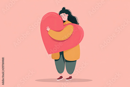 Vector bold flat style illustration of a cartoon girl hugging a big heart shape representing love yourself and self esteem concept 