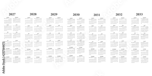 Printable yearly calendar page template set for 2027 2028 2029 2030 2031 2032 design