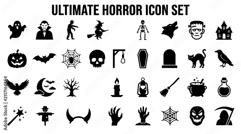 Fototapeta premium Halloween horror icon set. Black vector symbols for spooky holiday design and party decor.