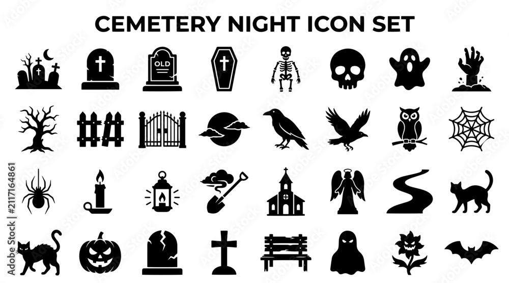 Obraz premium Halloween cemetery icon set. Black spooky graveyard symbols for holiday design projects.