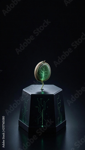 Hyper-Realistic Sprouting Seed with Tiny Root on Hexagonal Tech Pedestal AMOLED Wallpaper with Glowing Green Circuit Pattern