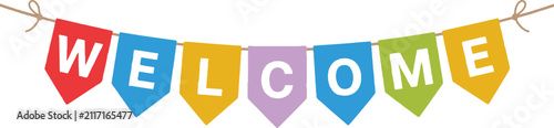 Foto Colorful welcome bunting flags hanging on a rope isolated on white background as