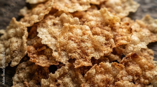 Crunchy Toasted Multigrain Cereal Flakes Scattered on a Rustic Dark Wooden Surface for Breakfast Preparation