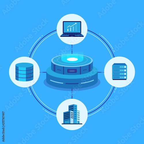 Modern data, network, server, database, and cloud infrastructure illustration with centralized computing, enterprise connectivity, flat vector design, and business technology concept