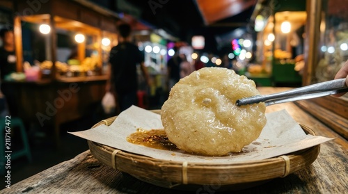 Crispy Fried Tapioca Cracker Served with Spicy Chili Dip at a Vibrant Traditional Indonesian Night Market Food Stall