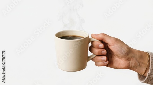 A Person Holding A Steaming Warm Mug Of Freshly Brewed Black Coffee Against A Clean Minimalist Background