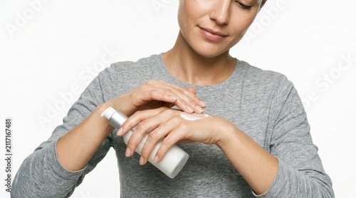 Young Woman Applying Gentle Moisturizing Lotion Cream to Her Hands for Daily Skincare Routine and Hydration