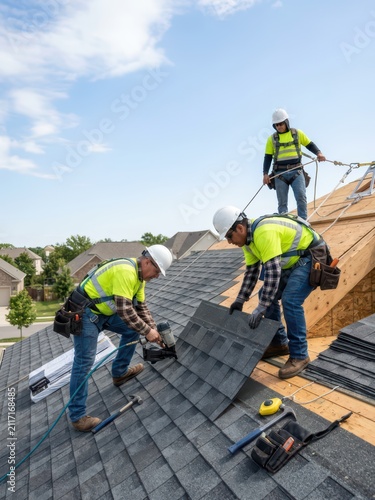 Men construction workers installing asphalt roof shingles on residential house. Team of roofer specialist working on building site renovation. Professional roof repair industry concept.
