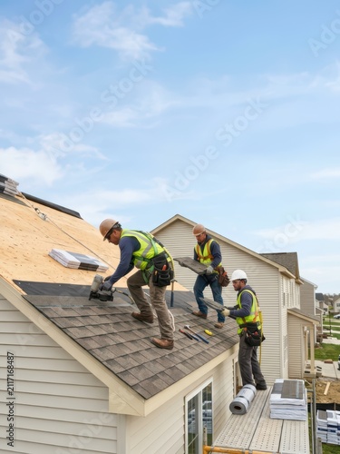 Roofers installing shingles on residential roof. Builders wearing safety harness and hard hat working on construction site. Professional roofing team house repair and renovation service.